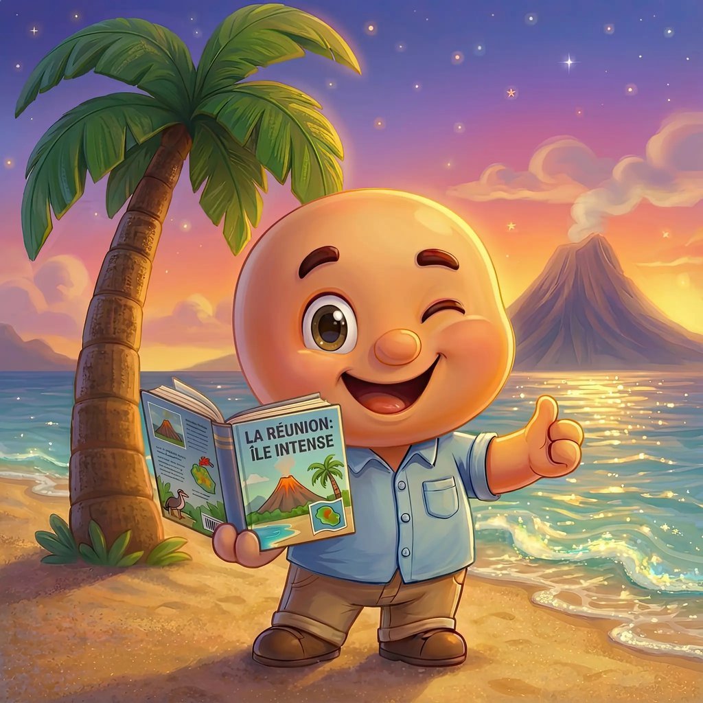 Mascotte sur une plage de La Réunion avec un ananas